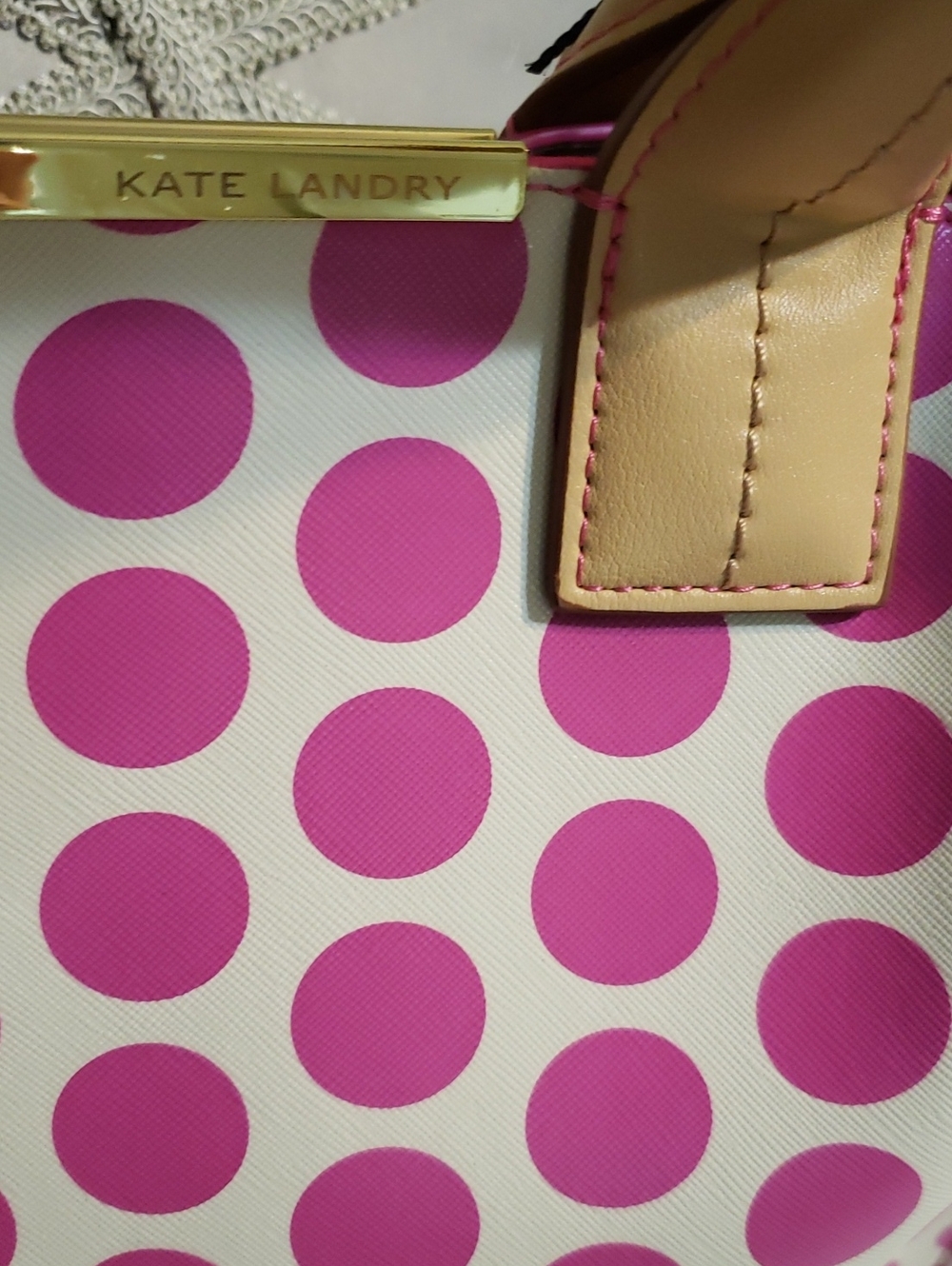 NWT- Pink Polka Dot Tote Bag with Tan Handles Cabana Tote - Picture 2 of 5